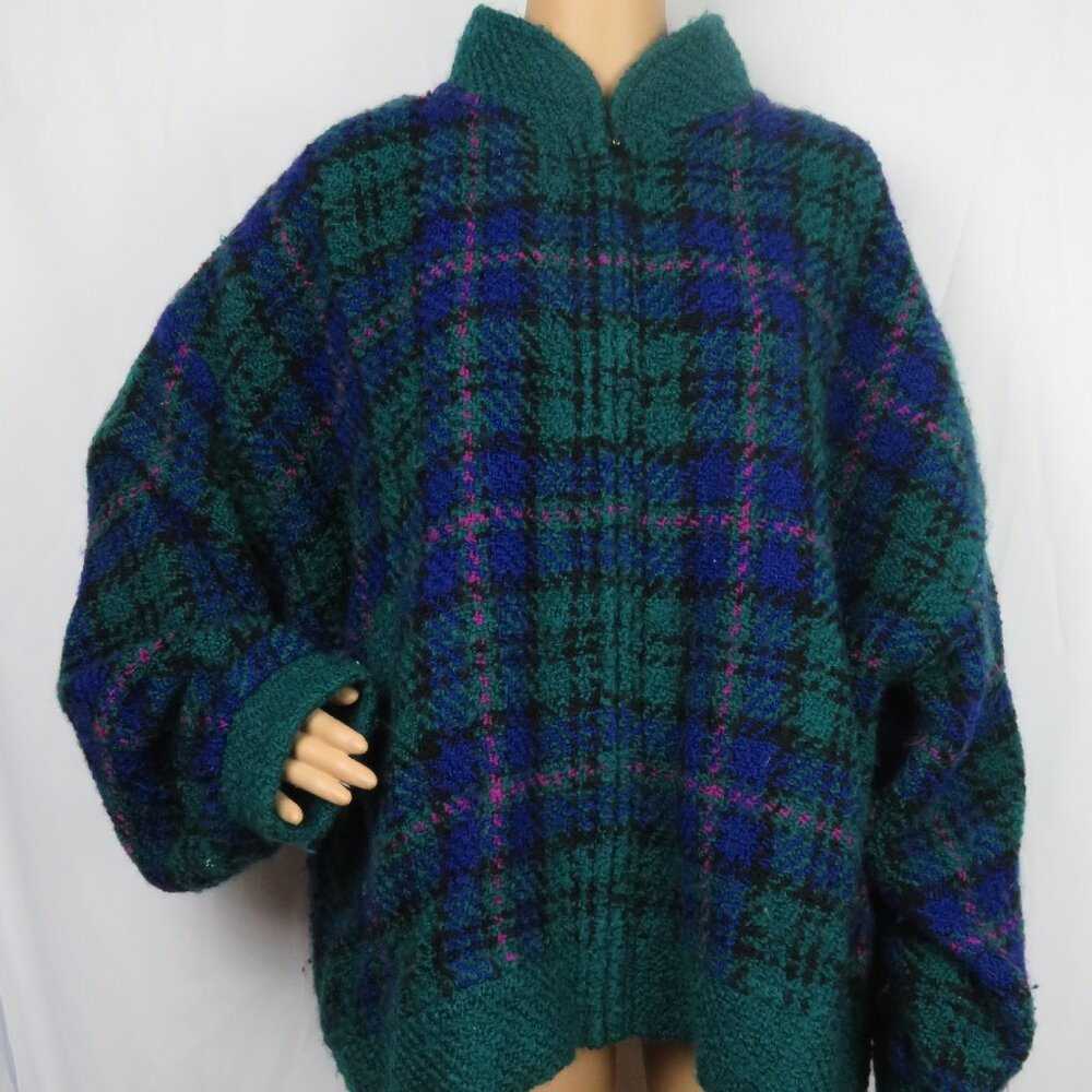 Vintage Knit Cardigan Plaid Tartan XL Wool Vtg Handmade Grandma 90s 80s Zip Up